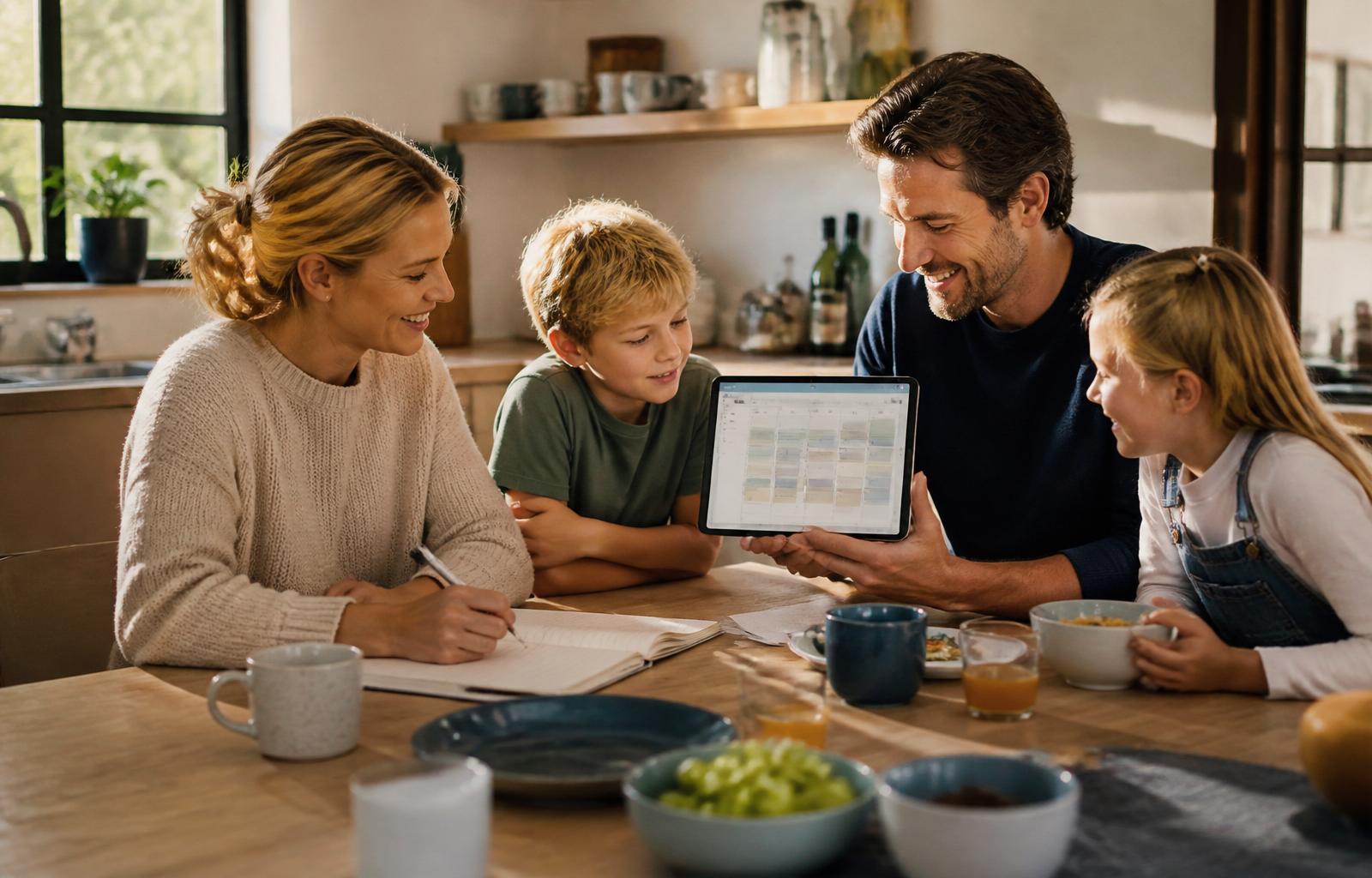 A family planning their week together at the kitchen table