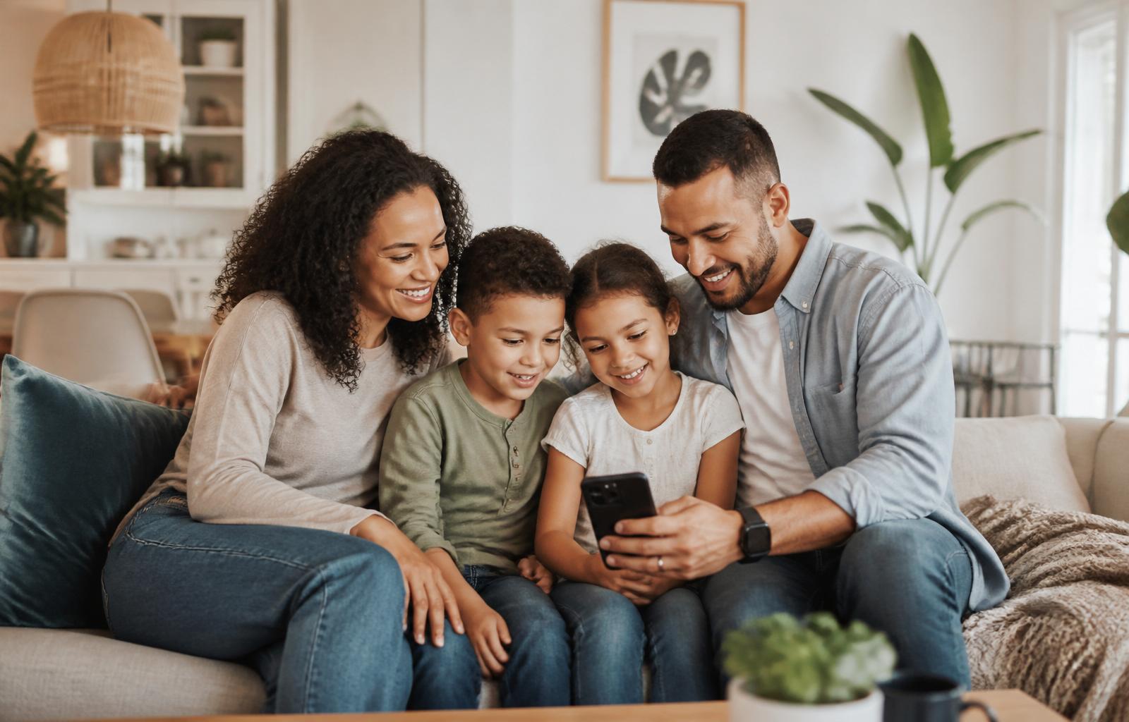 A happy family together on the sofa using the Skycore AI app