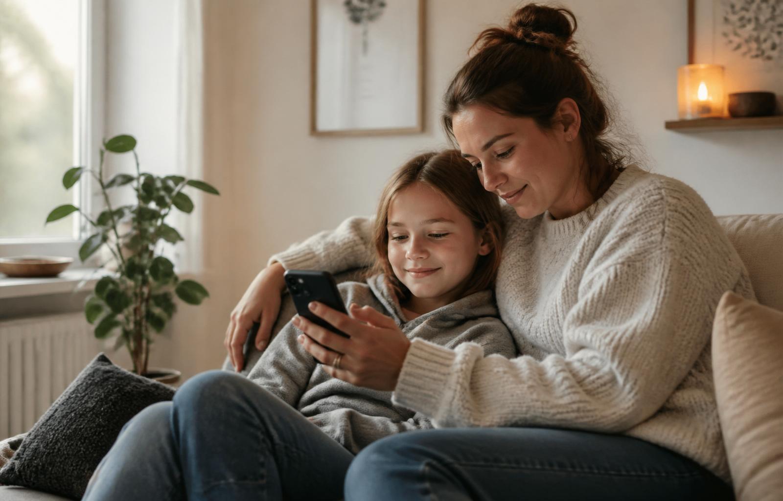 A parent and child calmly using a phone together at home