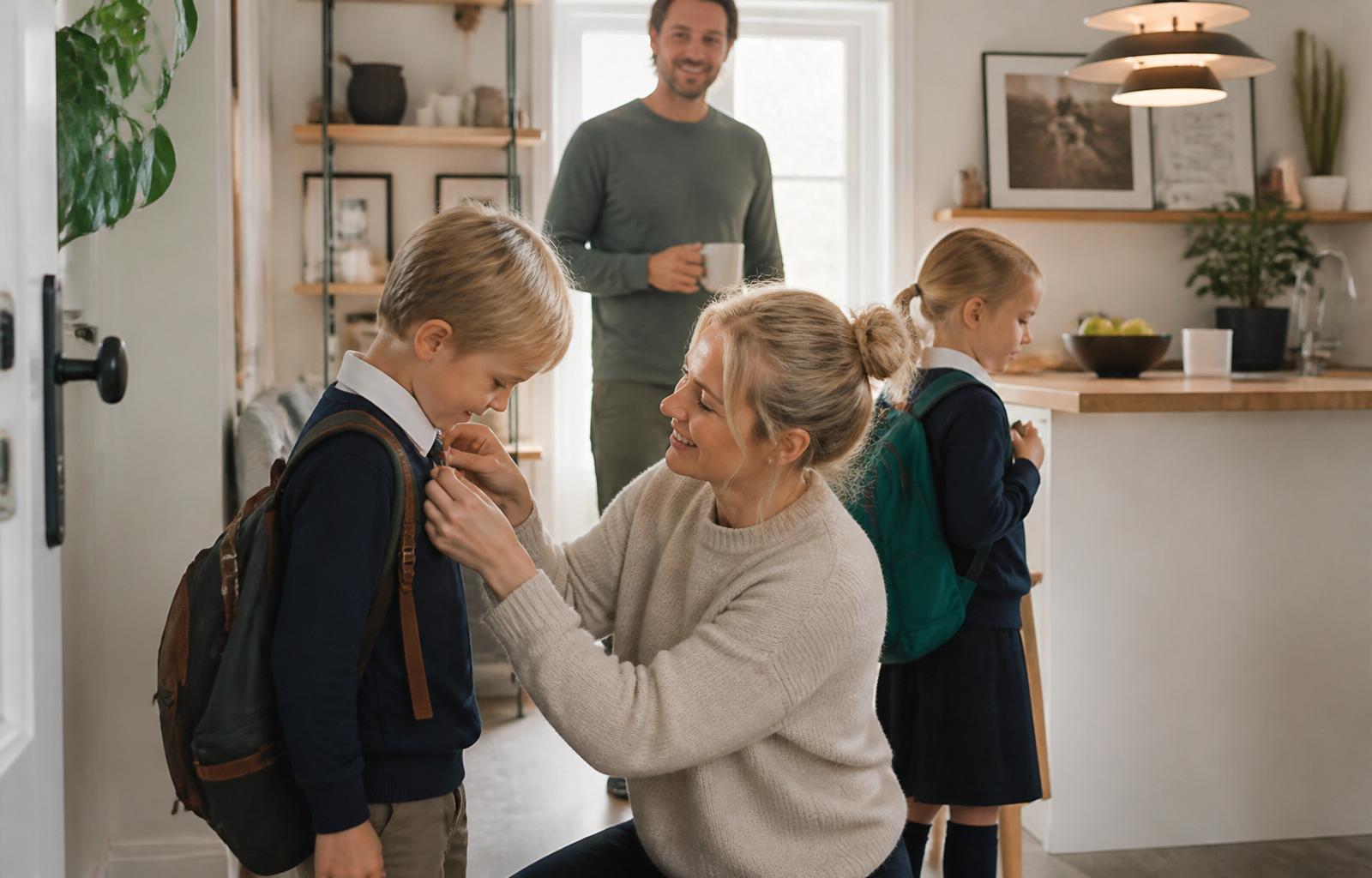 A calm family morning routine — kids ready for school, parents relaxed
